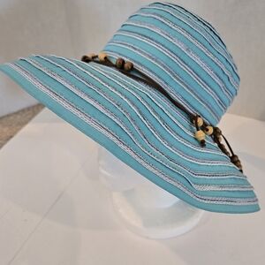Striped Blue Sun Hat with Beaded Band
